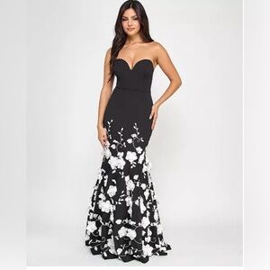 Brand New City Studio Black Maxi mermaid gown with White Floral  appliqué
